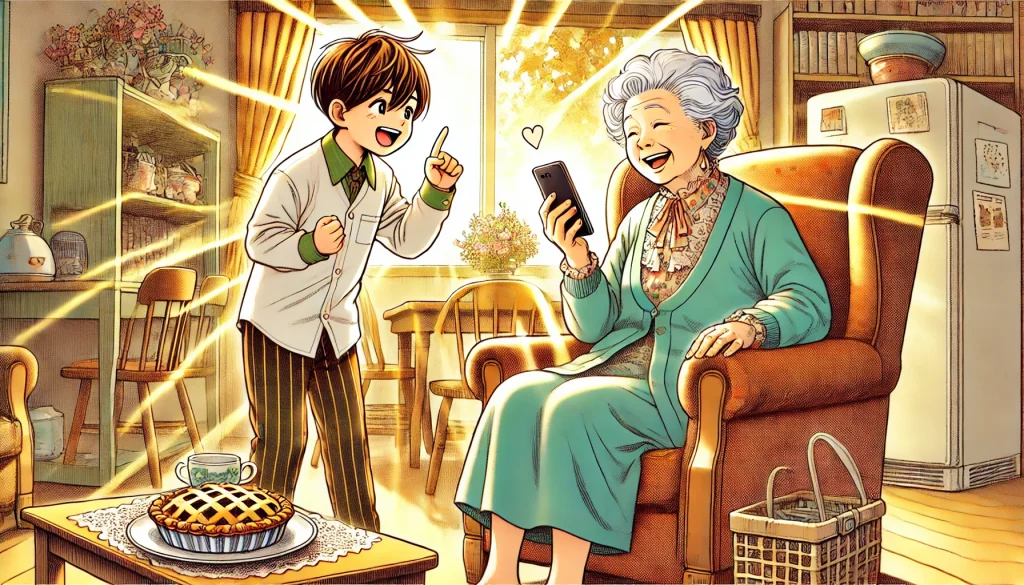Starnet A lively manga-style illustration showing a grandmotherly figure sitting upright in her old armchair, her face lit up with joy and curiosity as she ho