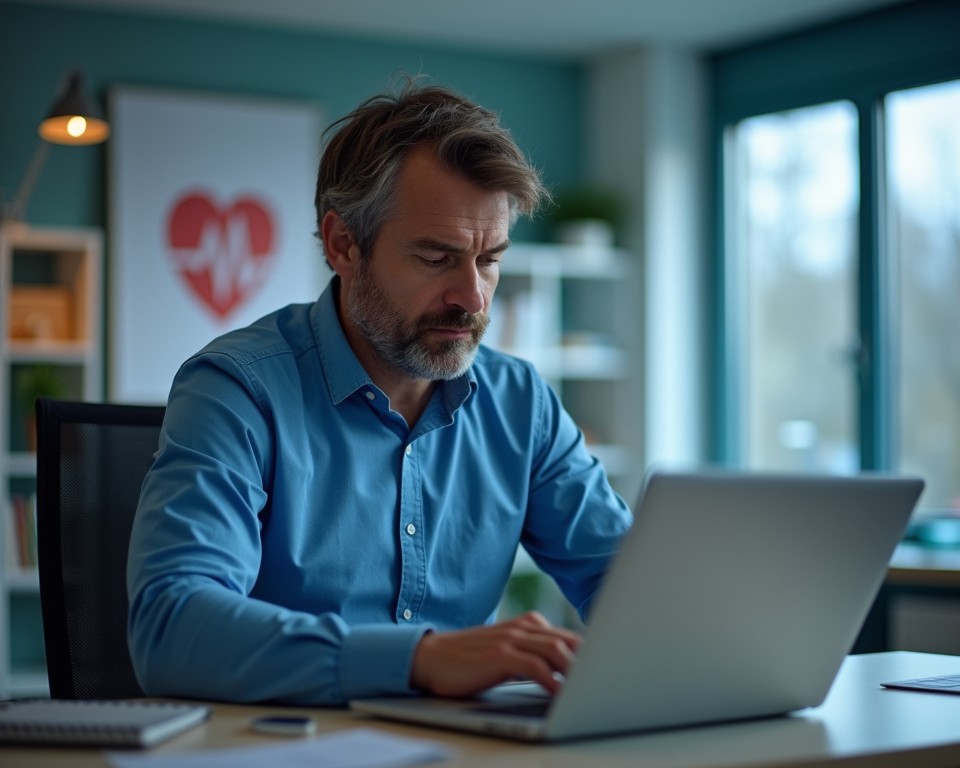 Un uomo di mezza età seduto davanti a un laptop, visibilmente soddisfatto, mentre utilizza un sistema di messaggistica su schermo. Accanto a lui, un'icona stilizzata di un cuore con un elettrocardiogramma e il simbolo dell’intelligenza artificiale. Sullo sfondo, una clinica moderna con un’insegna Visita Cardiologica Convenzionata