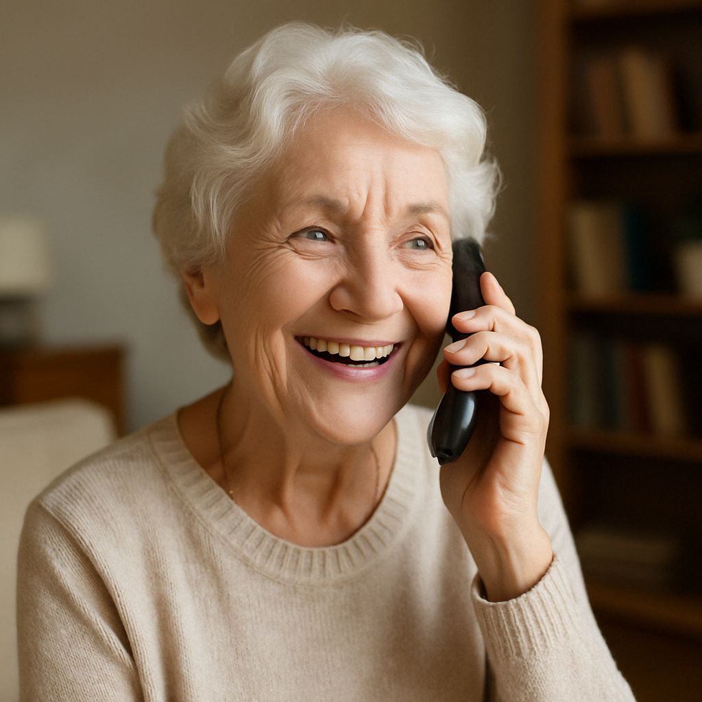 Anziana sorridente che parla al telefono, felice e serena, mentre interagisce con il supporto telefonico di StarNet Assist.